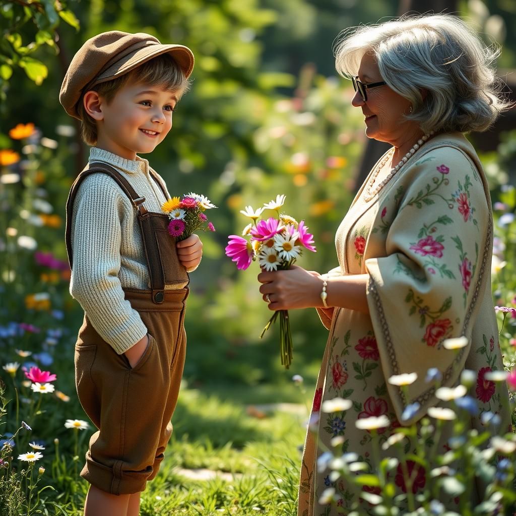 Boy Offers Flowers in Mystical Garden, Digital Art