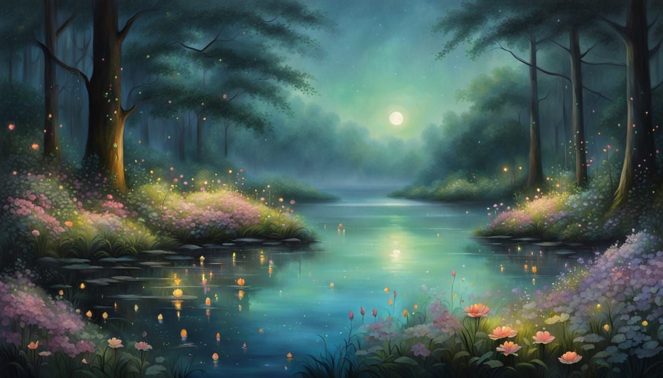Misty Forest Lake Painting with Fireflies and Flowers