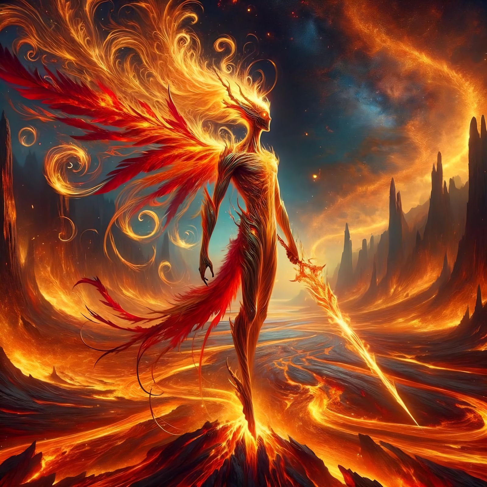 Phoelarch in Fiery Landscape with Luminous Falchion