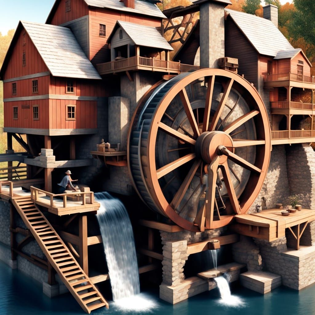 Rustic Water Wheel Grist Mill in Operation