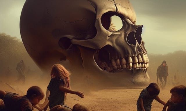 Children Play on Skull: Sinister, Detailed Digital Art