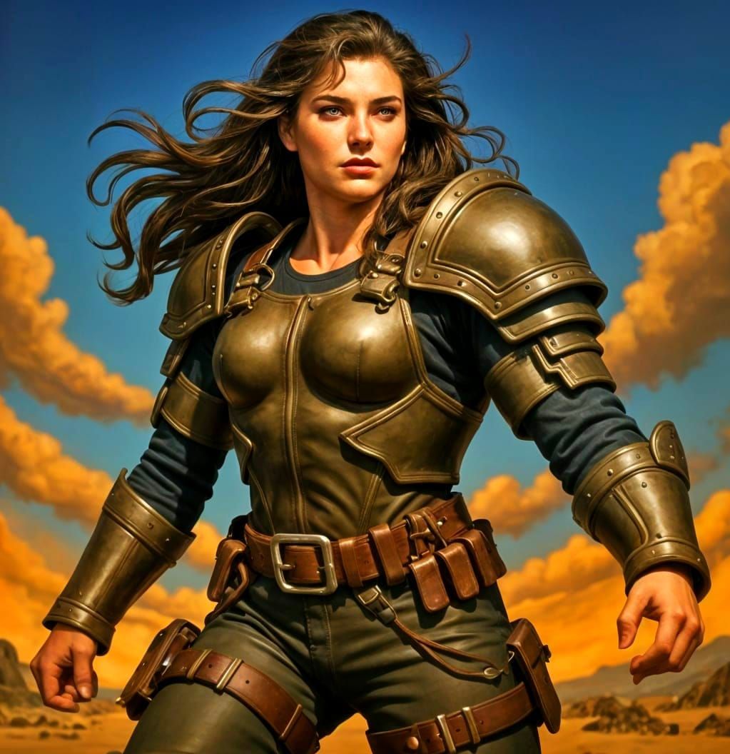 Fantasy Woman Warrior with Mastiff in Leather Armor