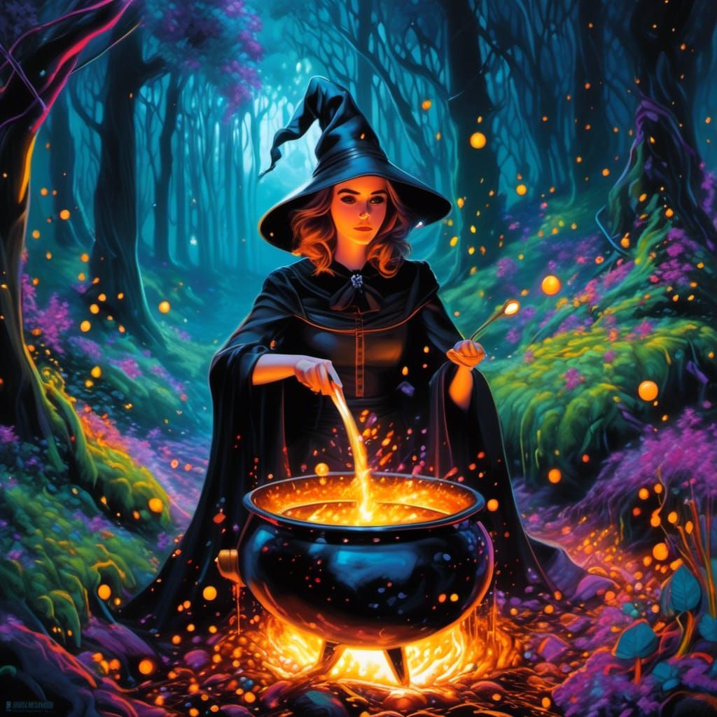 Fantasy Witch Stirring Cauldron, Graffiti Art Style