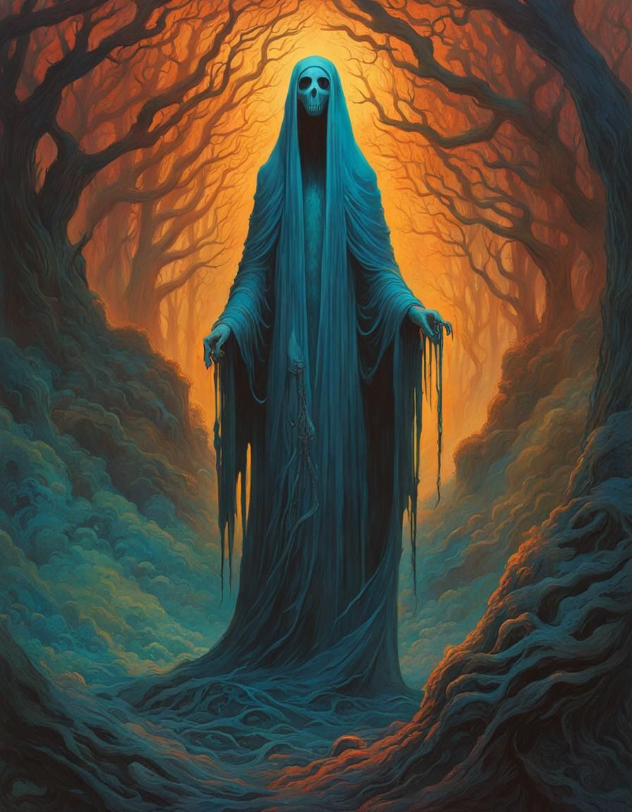 Eldritch Ghost Figure in Gouache with Dynamic Lighting
