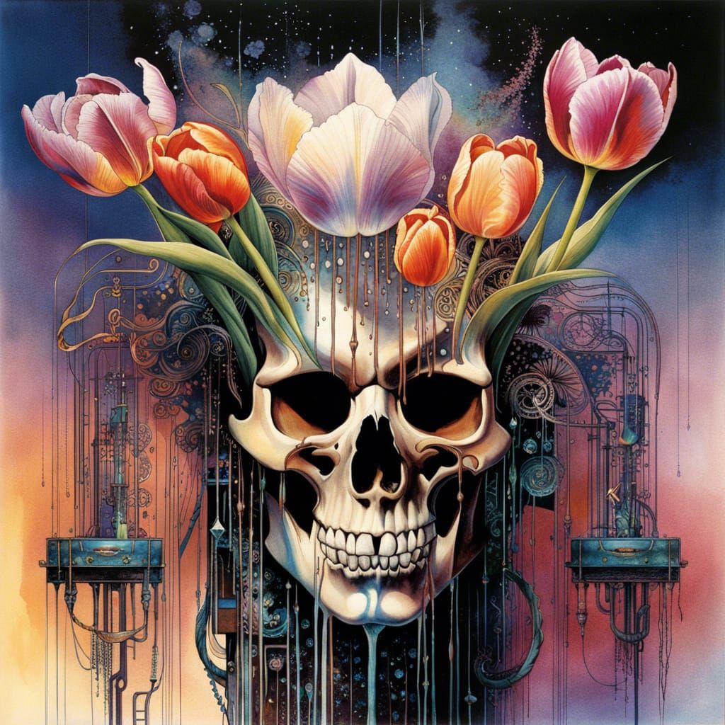 Biomechanical Alien Skull with Tulip Circuitry in Watercolor