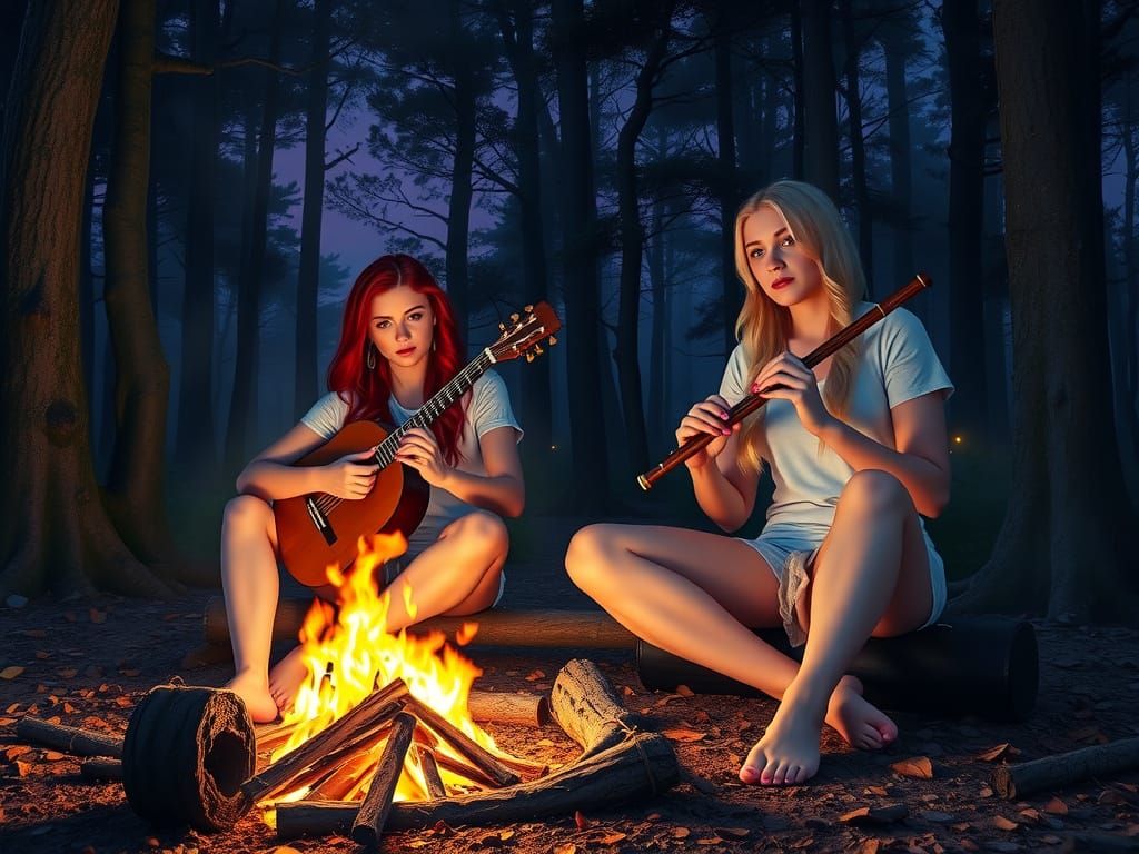 Campfire Musicians in Mystical Forest, Dark Fantasy Style