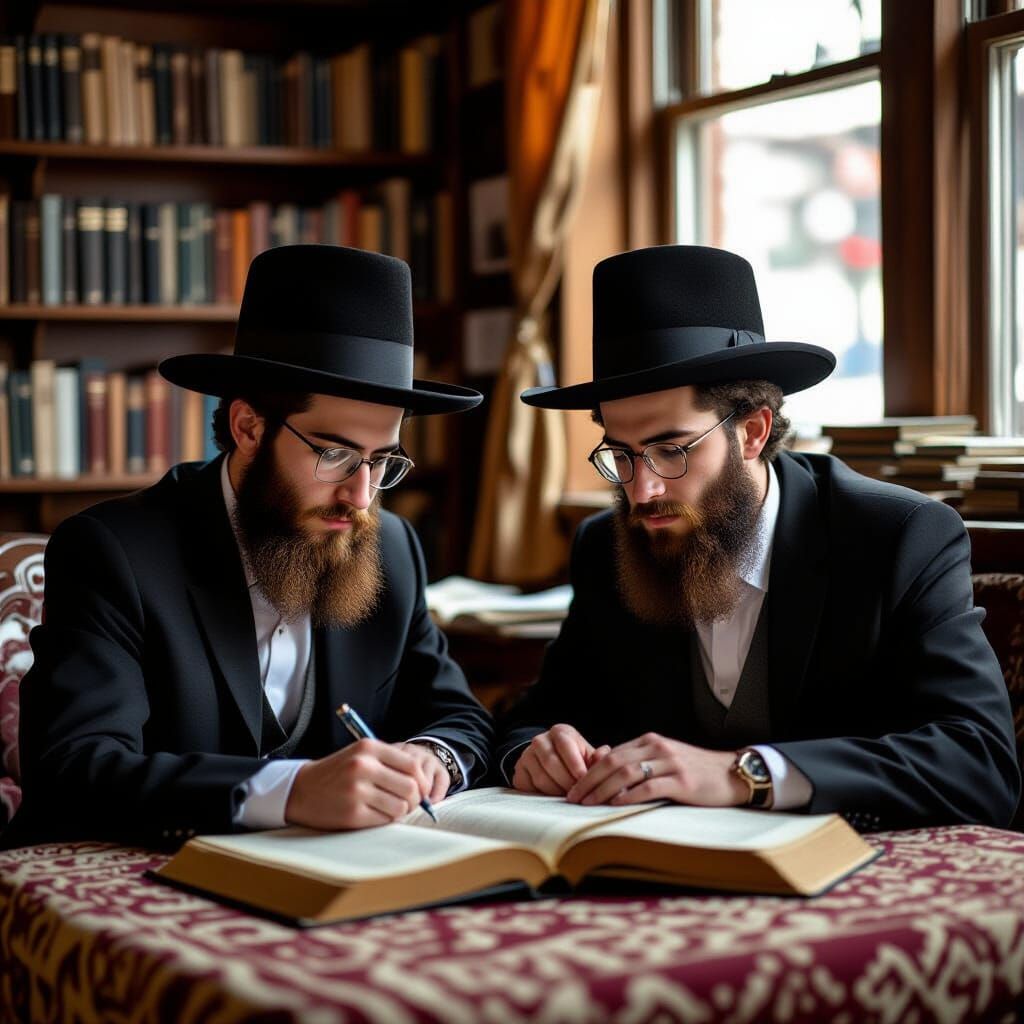 Hasidic Men Studying Torah: A Moment of Struggle