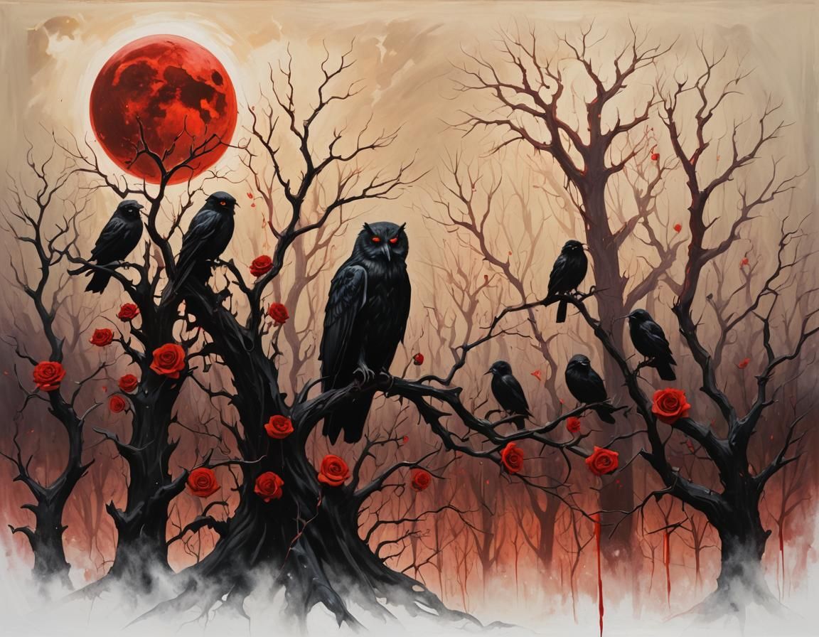 Surreal Dark Fantasy Scene Under a Blood-Red Moon