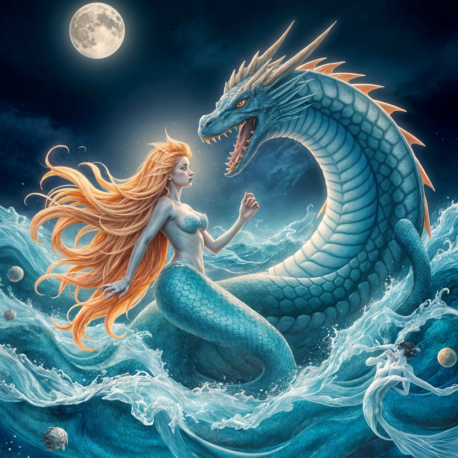Moonlit Mermaid Overtakes Dragon in Vibrant Ocean Scene