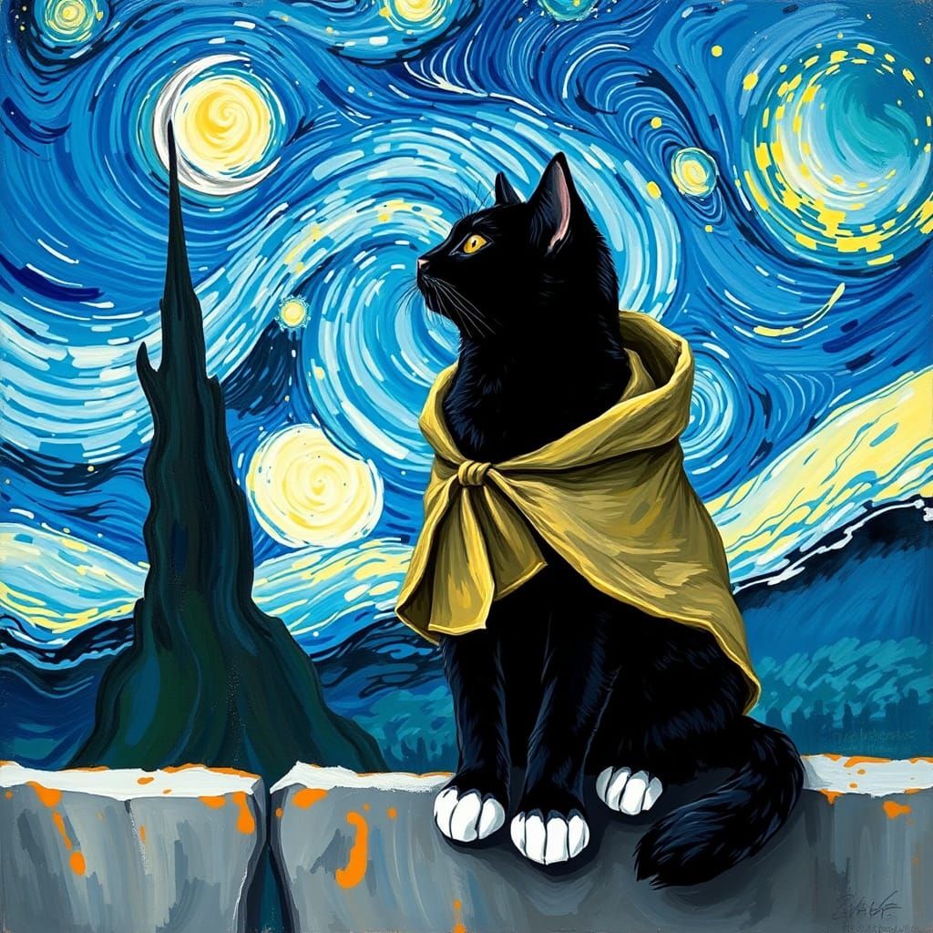 Regal Black Cat in Starry Night Dreamscape
