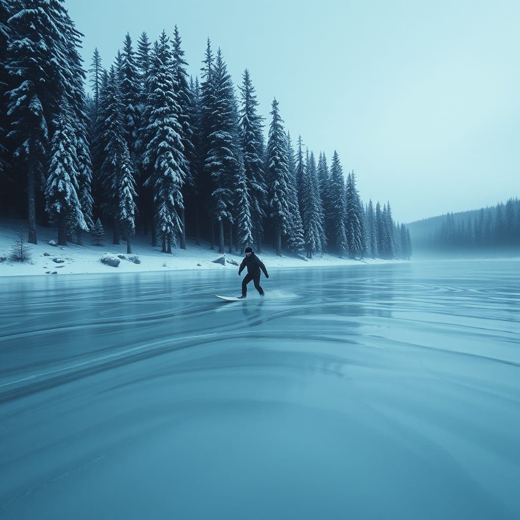 Surfing in a Snowy Arctic Lake