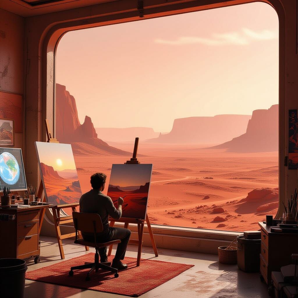 Artist Paints Mars Landscape in Advanced Colony Studio