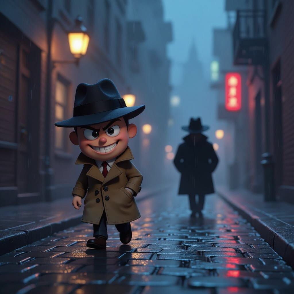 Pixar-Style Wooden Detective in Foggy City