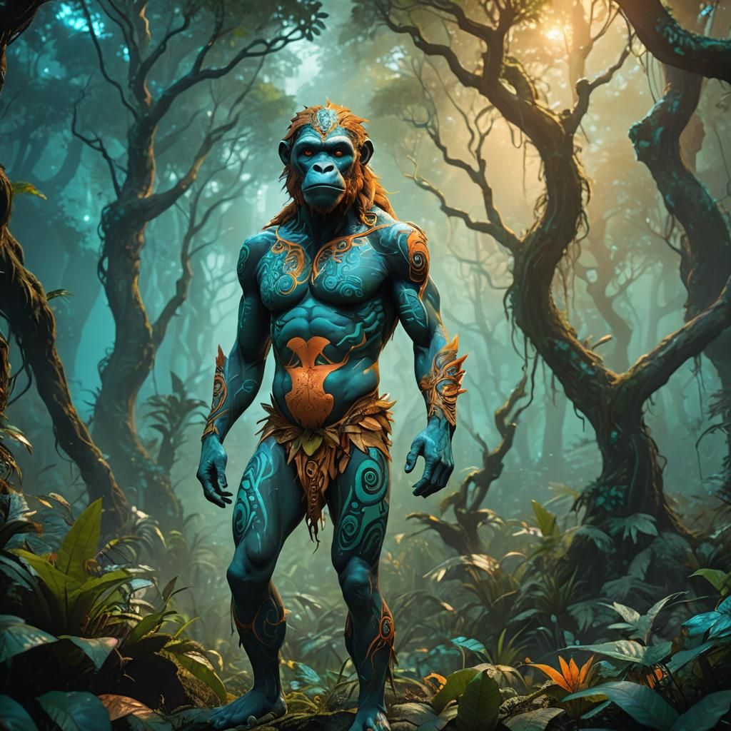 Humanoid Evolution in Prehistoric Forest: Fantasy Art
