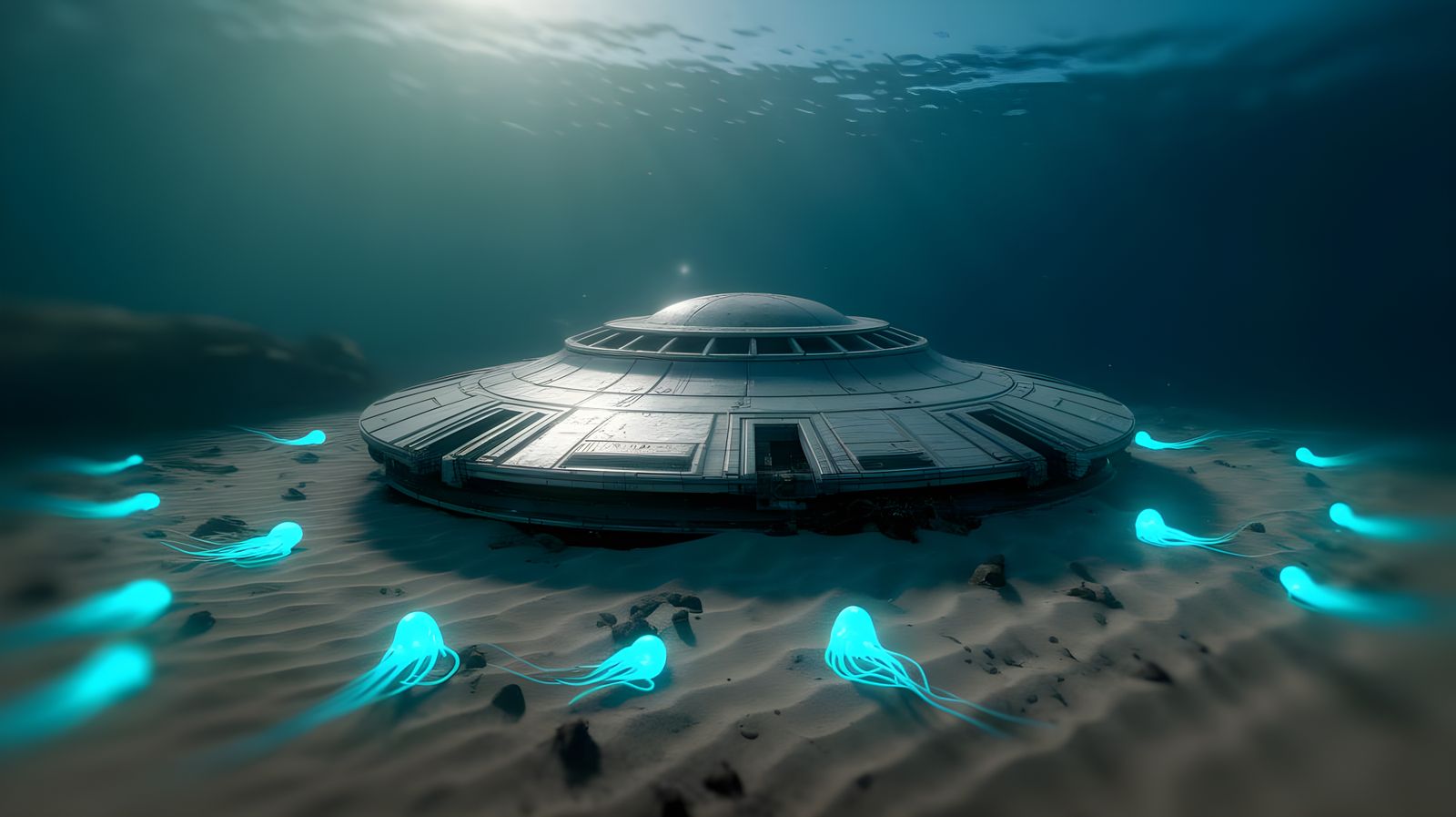 Crash-Damaged Alien UFO at Night, Illuminated by Bioluminesc...