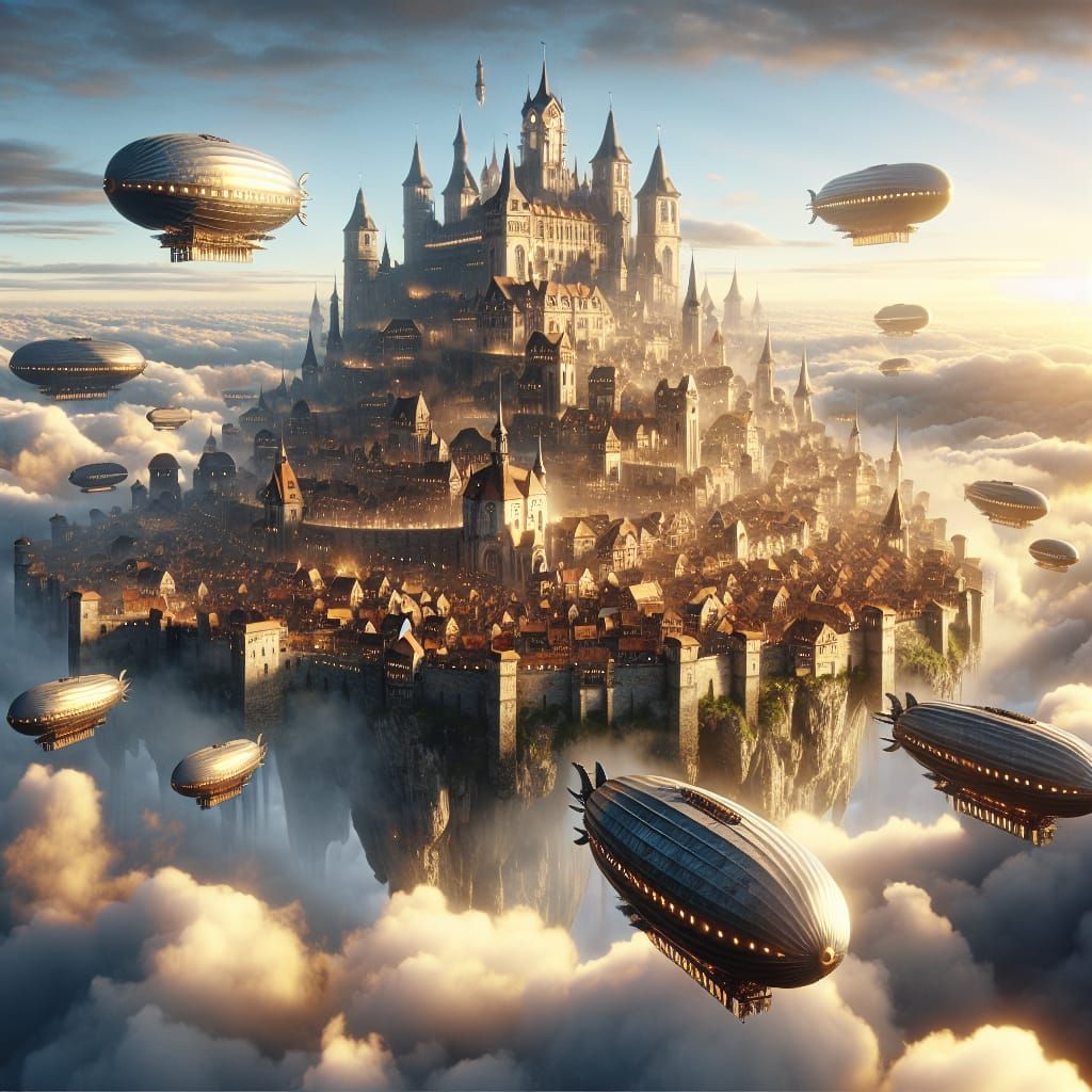 Floating Medieval Town in the Sky with Airships