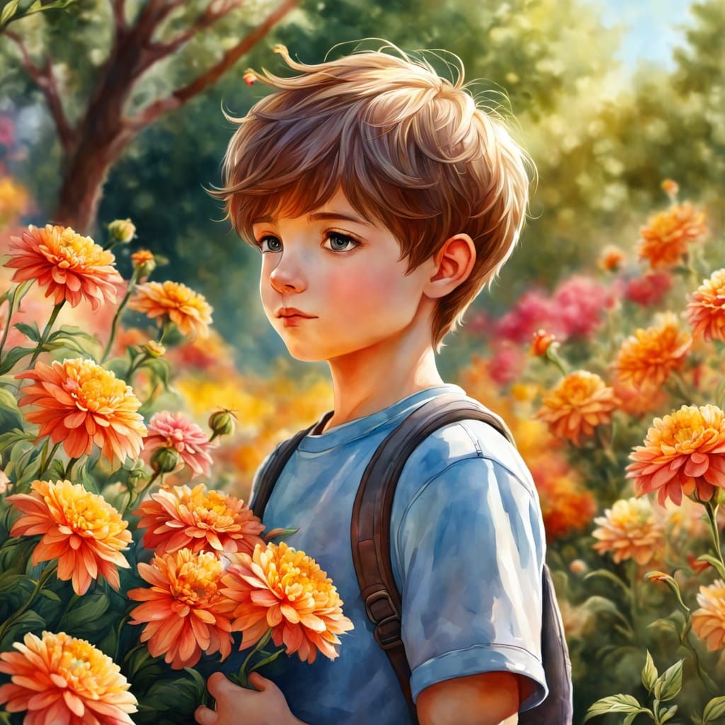 A Young Boy Surrounded by Vibrant Blooms in a Sunny Watercol...