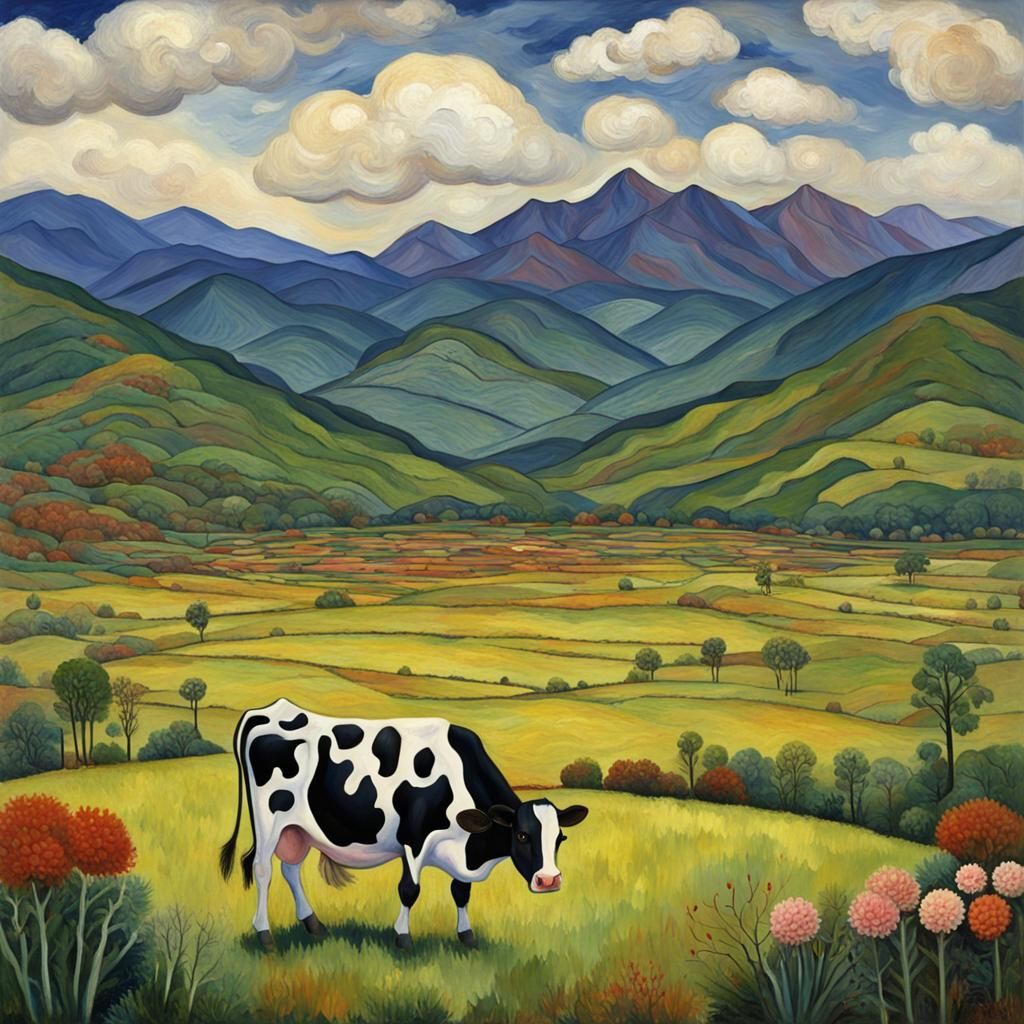 Cow Field Mountainscape in Post-Impressionist Style