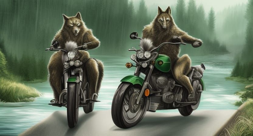 Green Warrior Wolf on Motorcycle, Digital Art