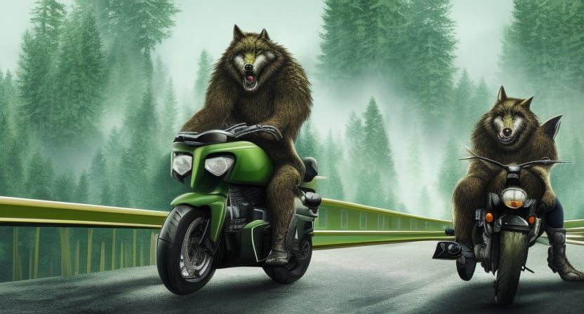 Anthro Green Warrior Wolf on Motorcycle