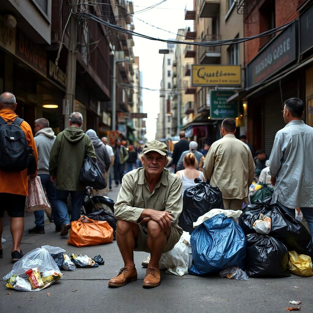 Overpopulated Inner City Streets with Crowds and Trash