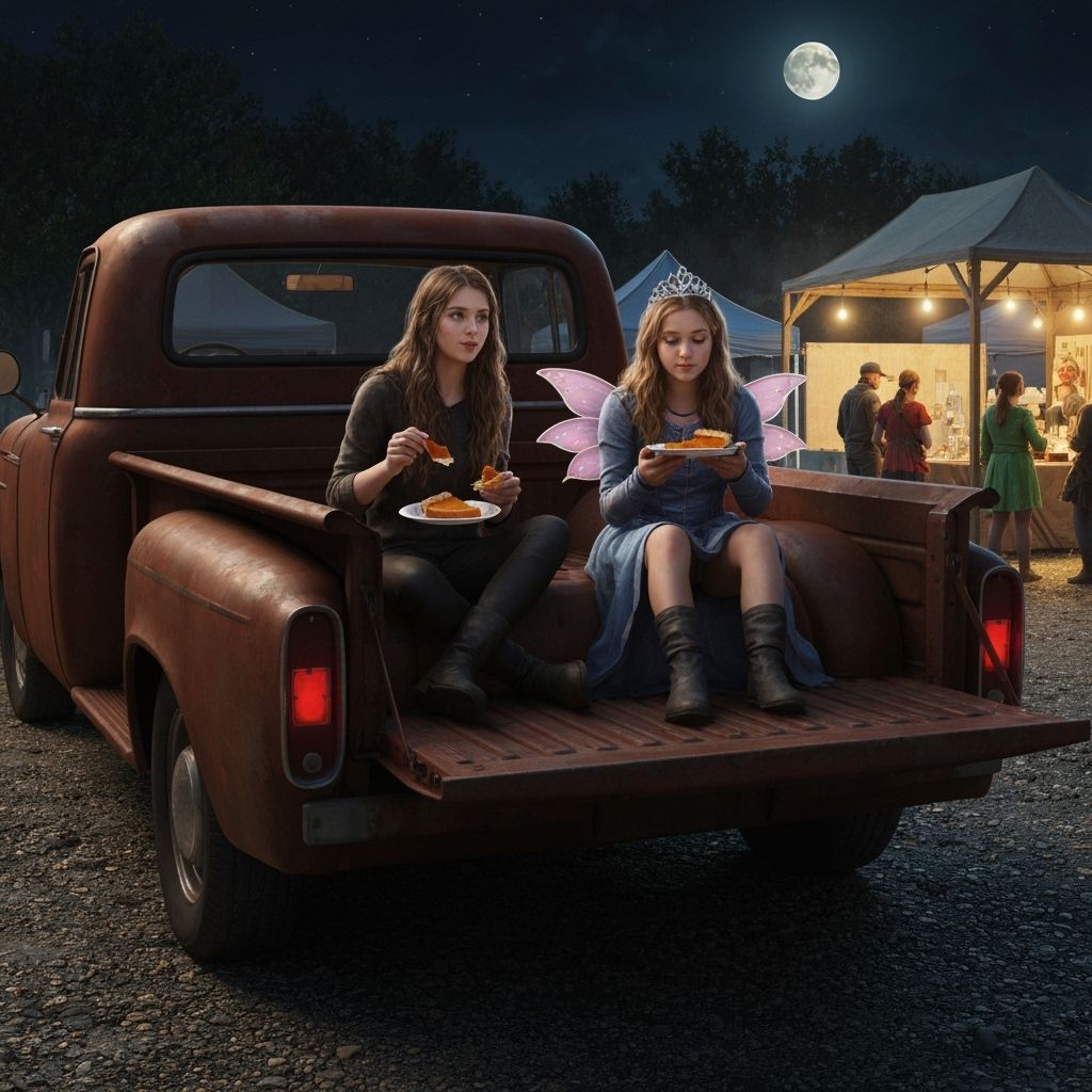 Witch and Fairy Eat Pie in Truck at Halloween Market