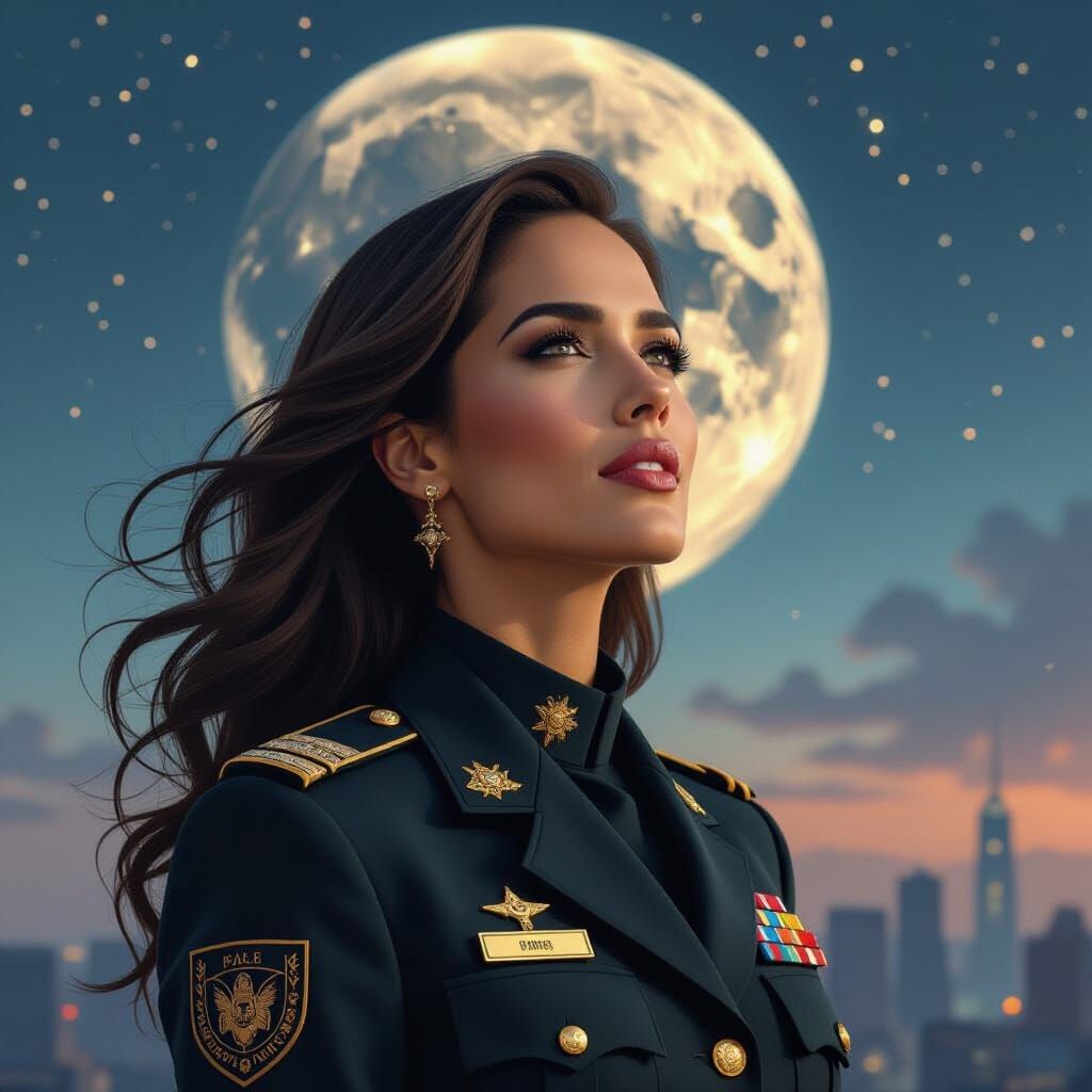 IDF Soldier Gazing at Cosmos in Sci-Fi Metropolis