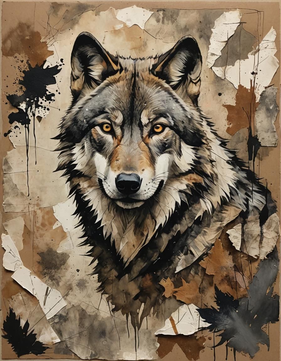 Earthy Wolf in Mixed Media Art