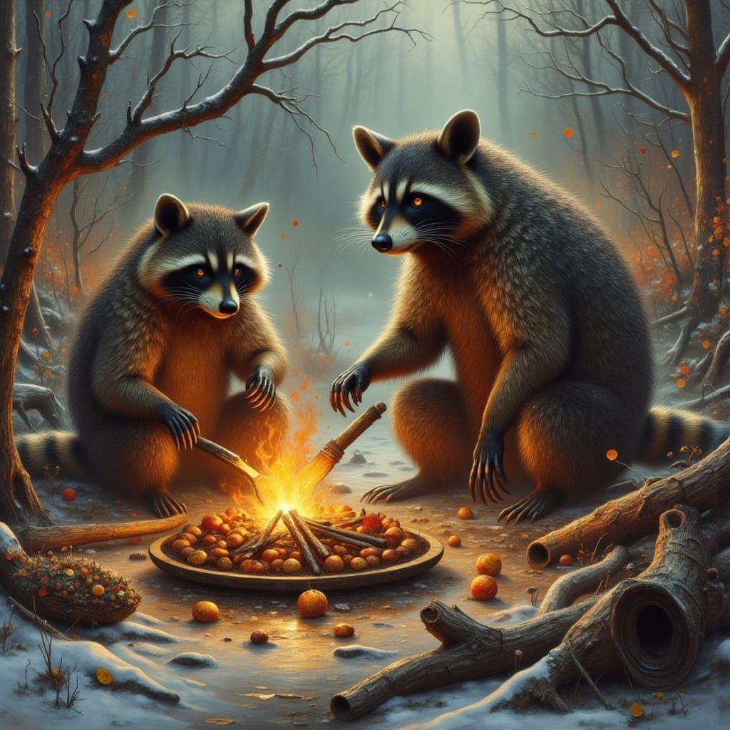 Raccoon Family Cooking in Post-Apocalyptic Winter