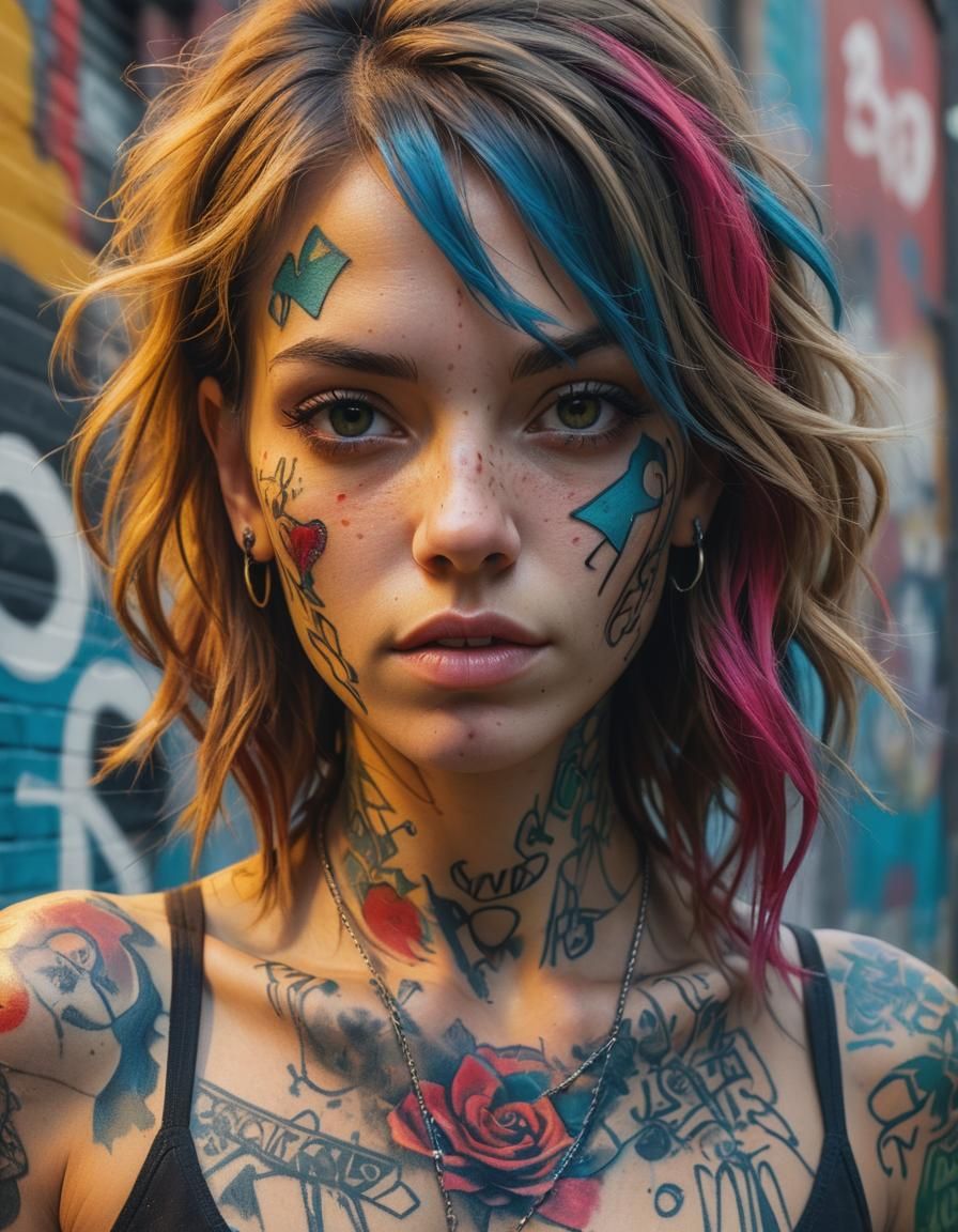 Woman with Graffiti Tattoos in Urban Alley