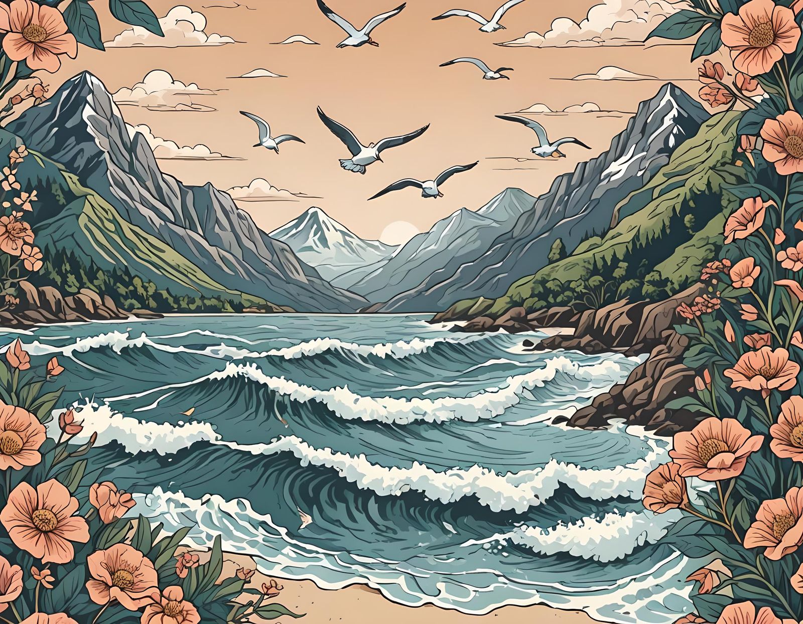 Majestic Mountain Landscape with Floral Patterns