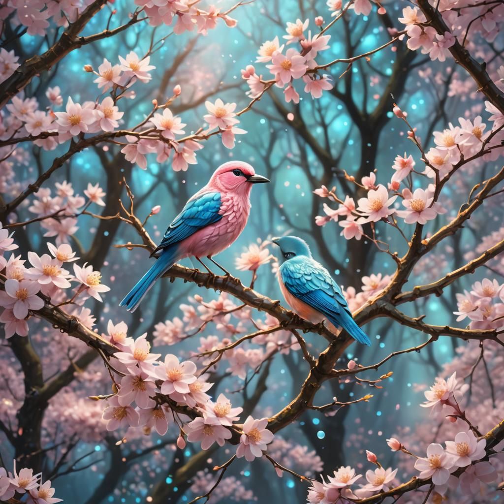 Blossom Tree Bird in a Fantastical Forest