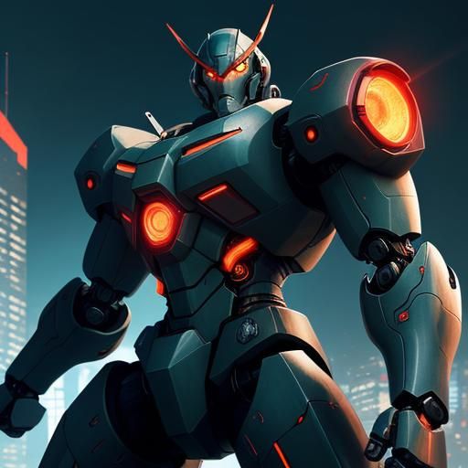 Anime Robot Battle in Futuristic Cityscape