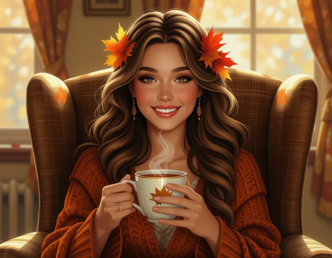 Autumn Woman Enjoying Tea in Cozy Armchair