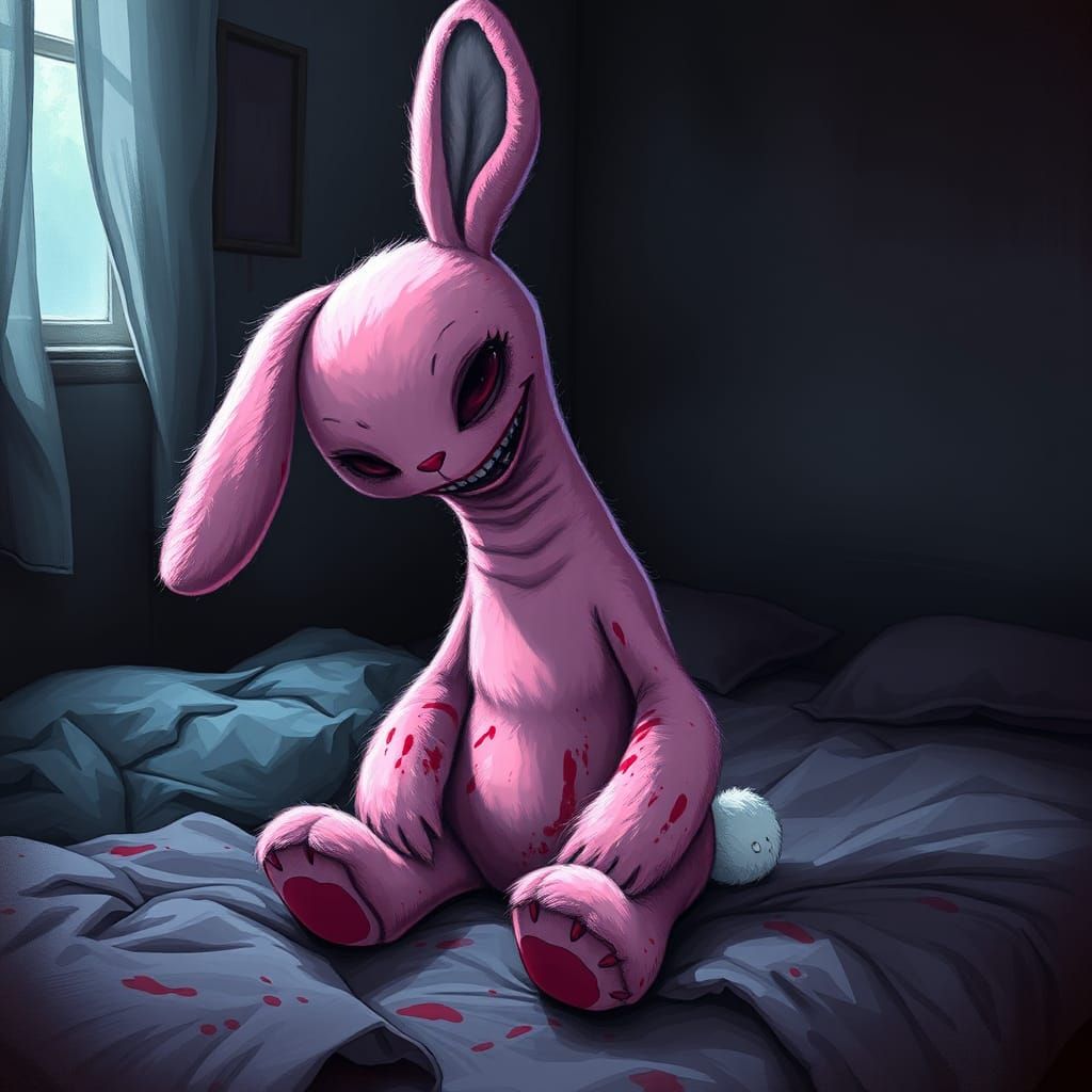 Unsettling Pink Rabbit in Color Pencil Graffiti Style