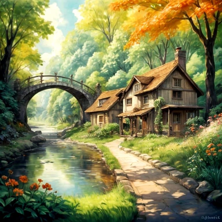 Serene River in Sun-Dappled Forest with Wildflowers