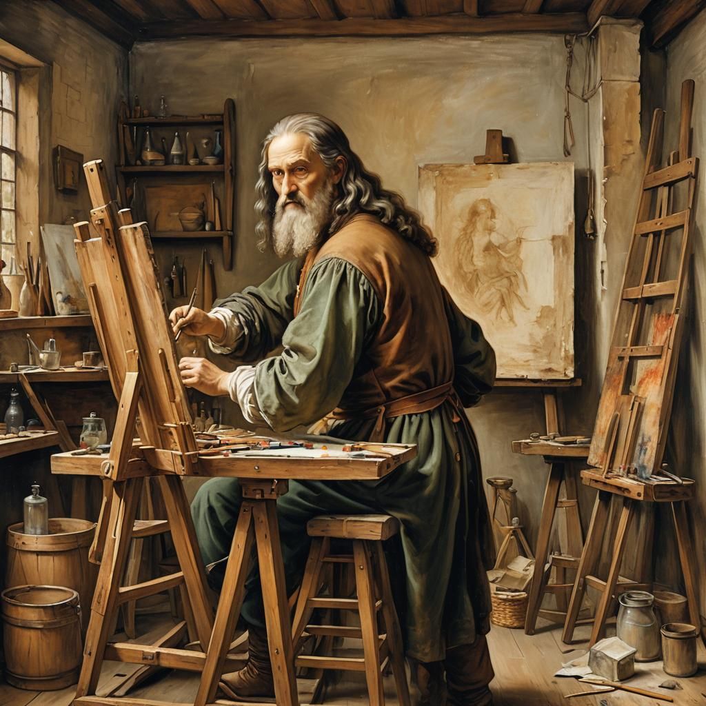 Da Vinci in His Workshop: Renaissance Oil Painting