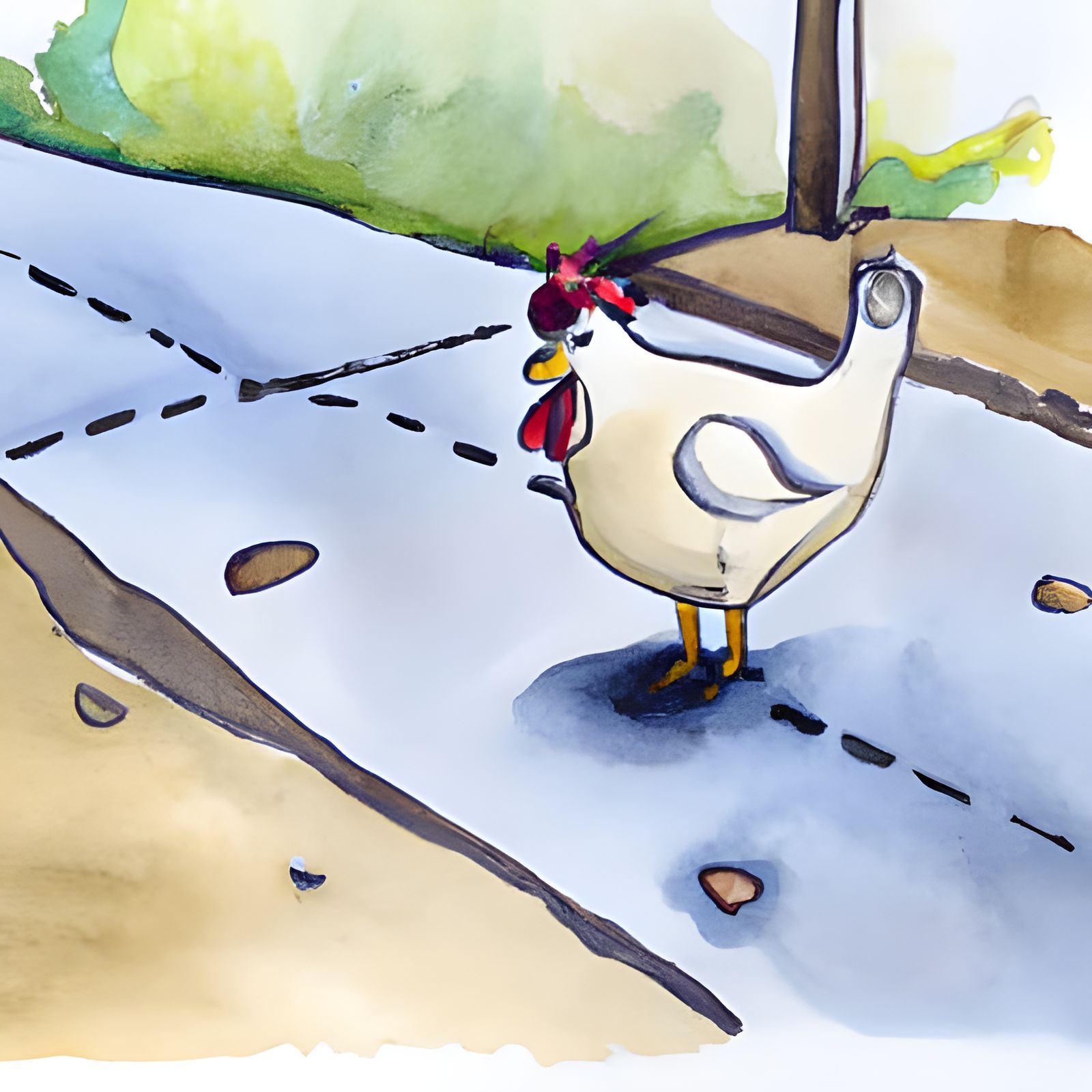 Whimsical Watercolor Chicken Crossing the Road