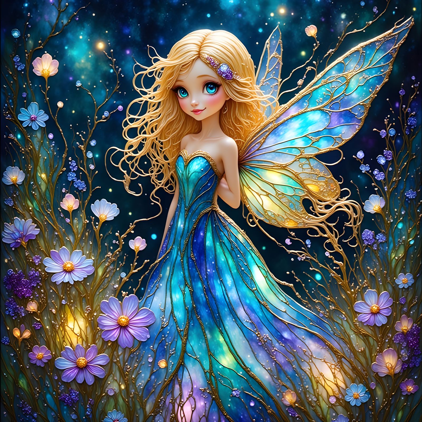 Whimsical Fairy in Bioluminescent Flower Field