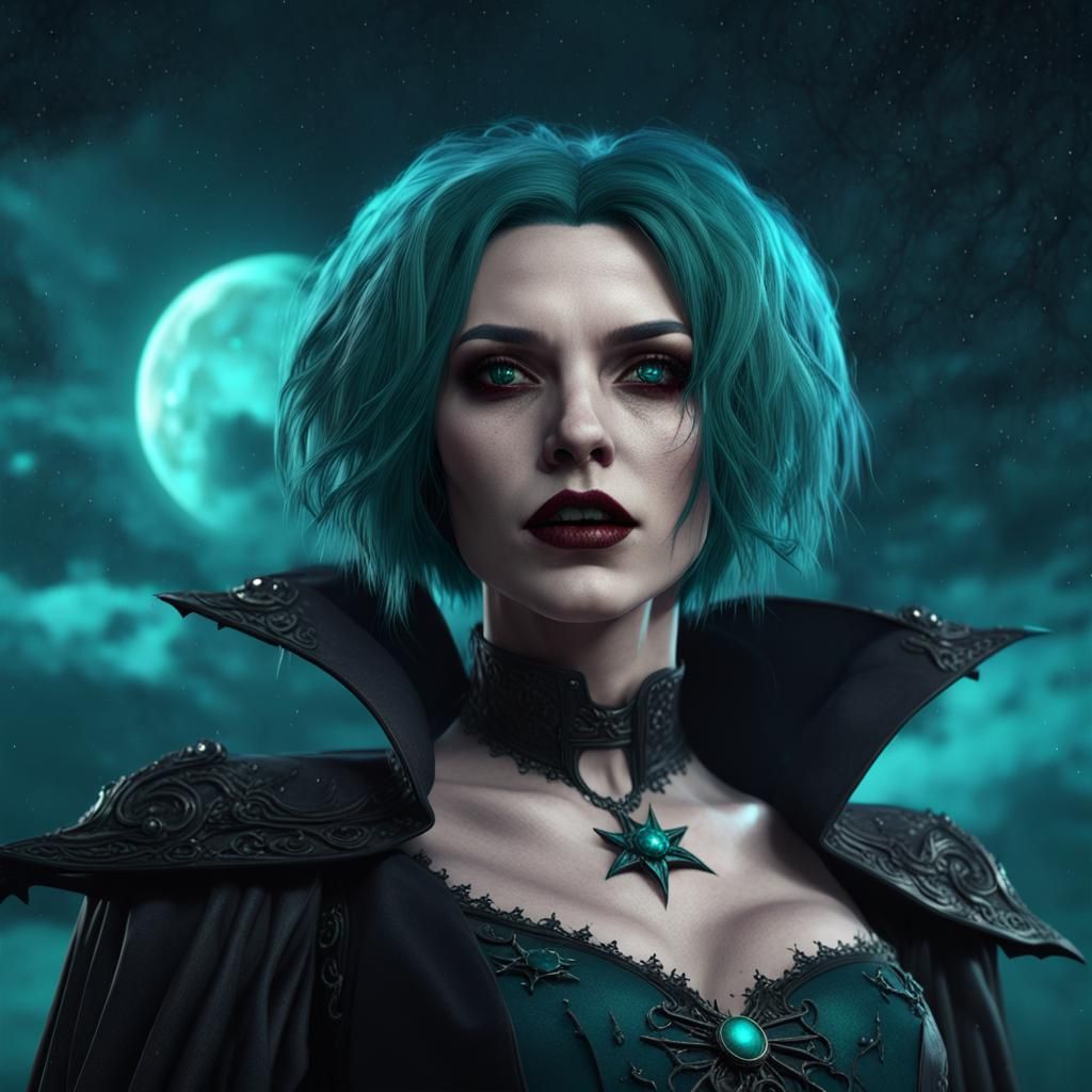 Gothic Vampire with Teal Hair in Dark Sky