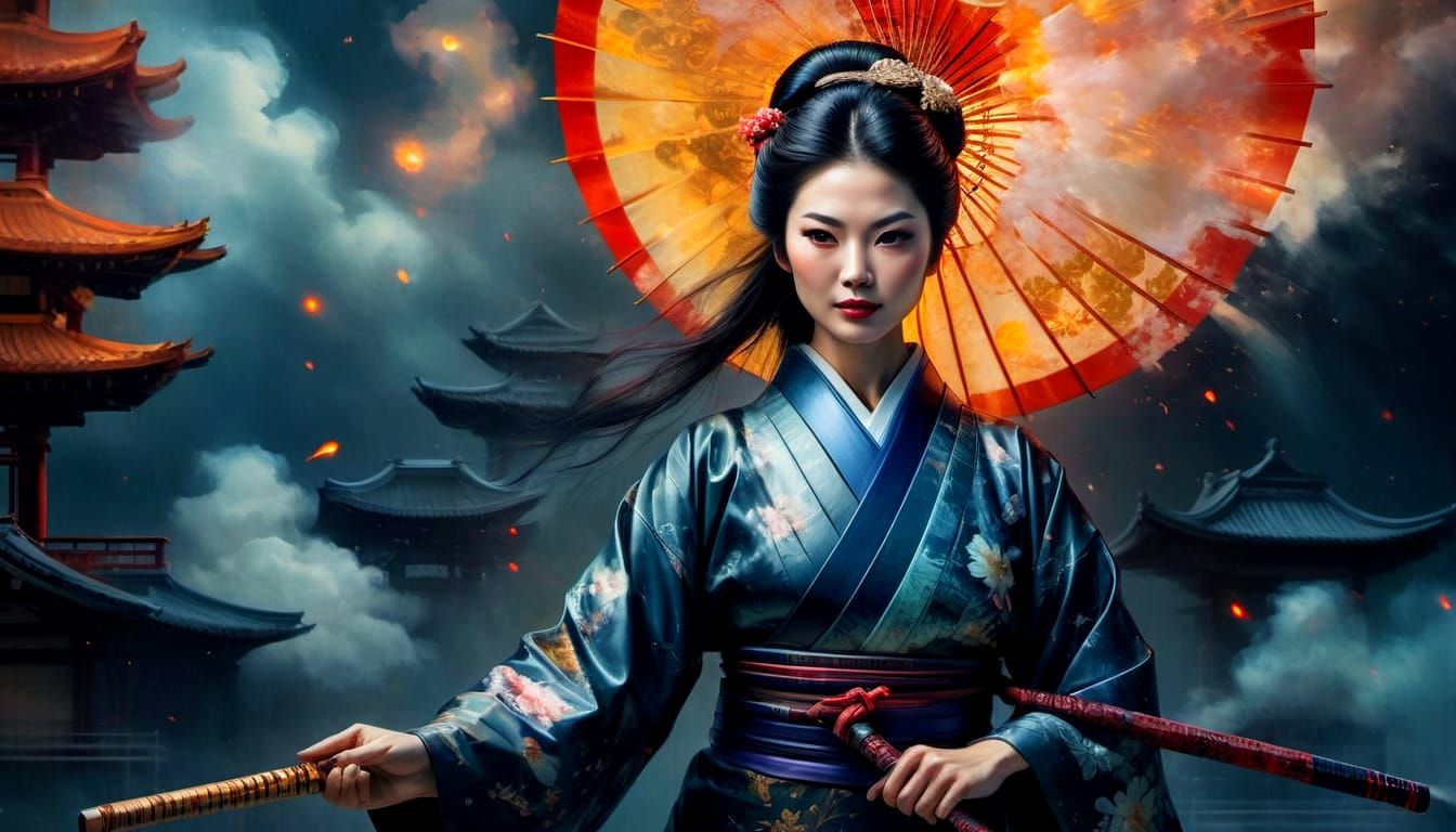 Regal Geisha in a Vibrant Oasis