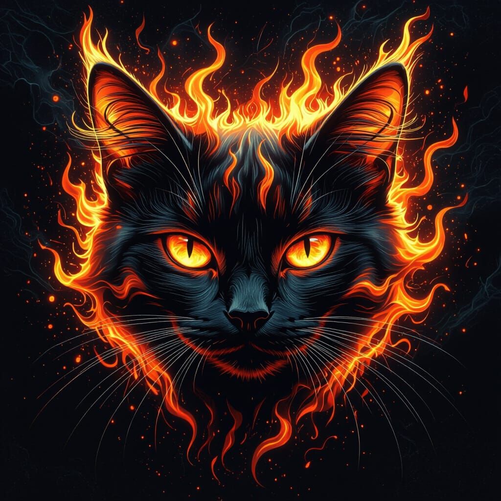 Fiery Feline Face in a Digital Art Style