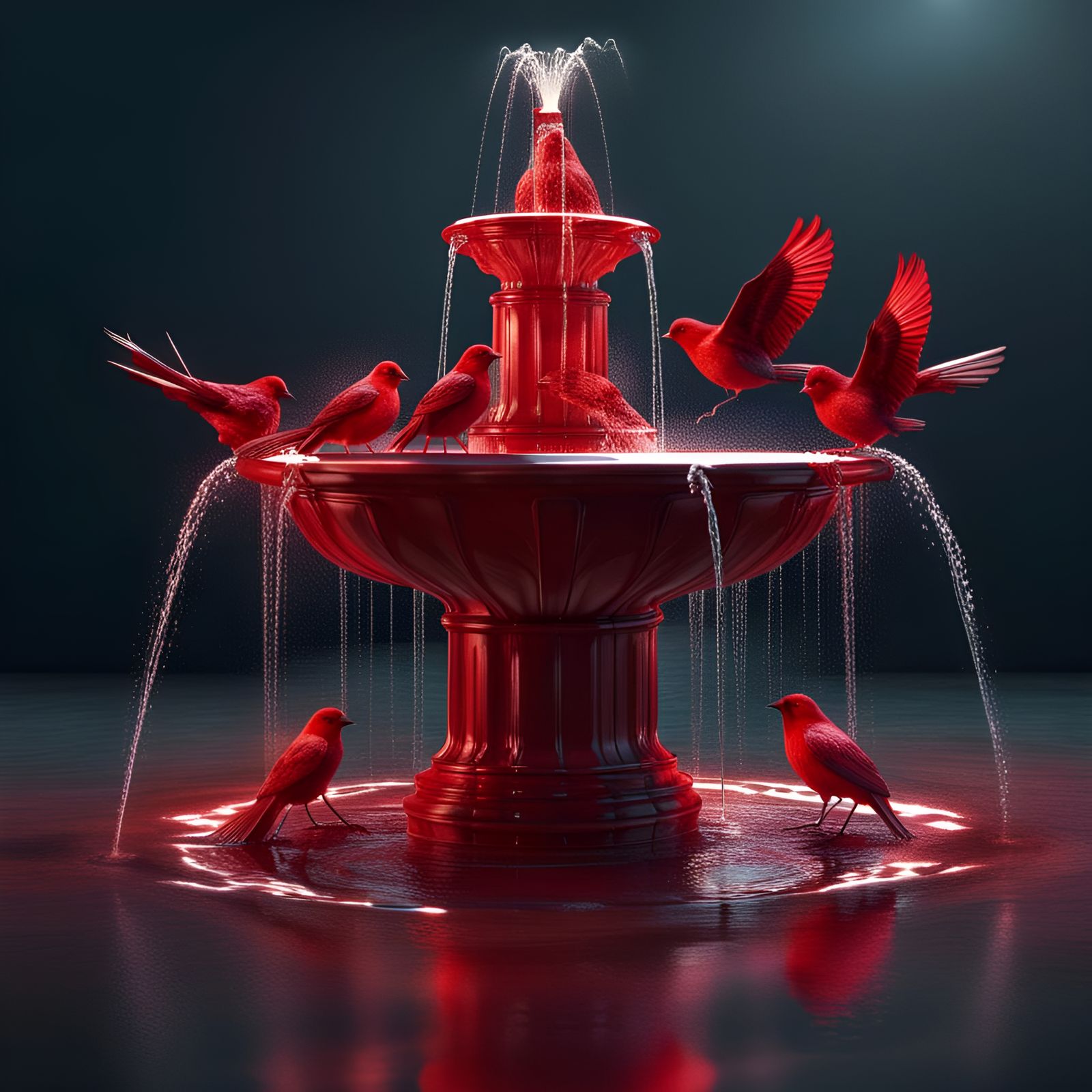 Hyperrealistic Water Fountain with Red Birds