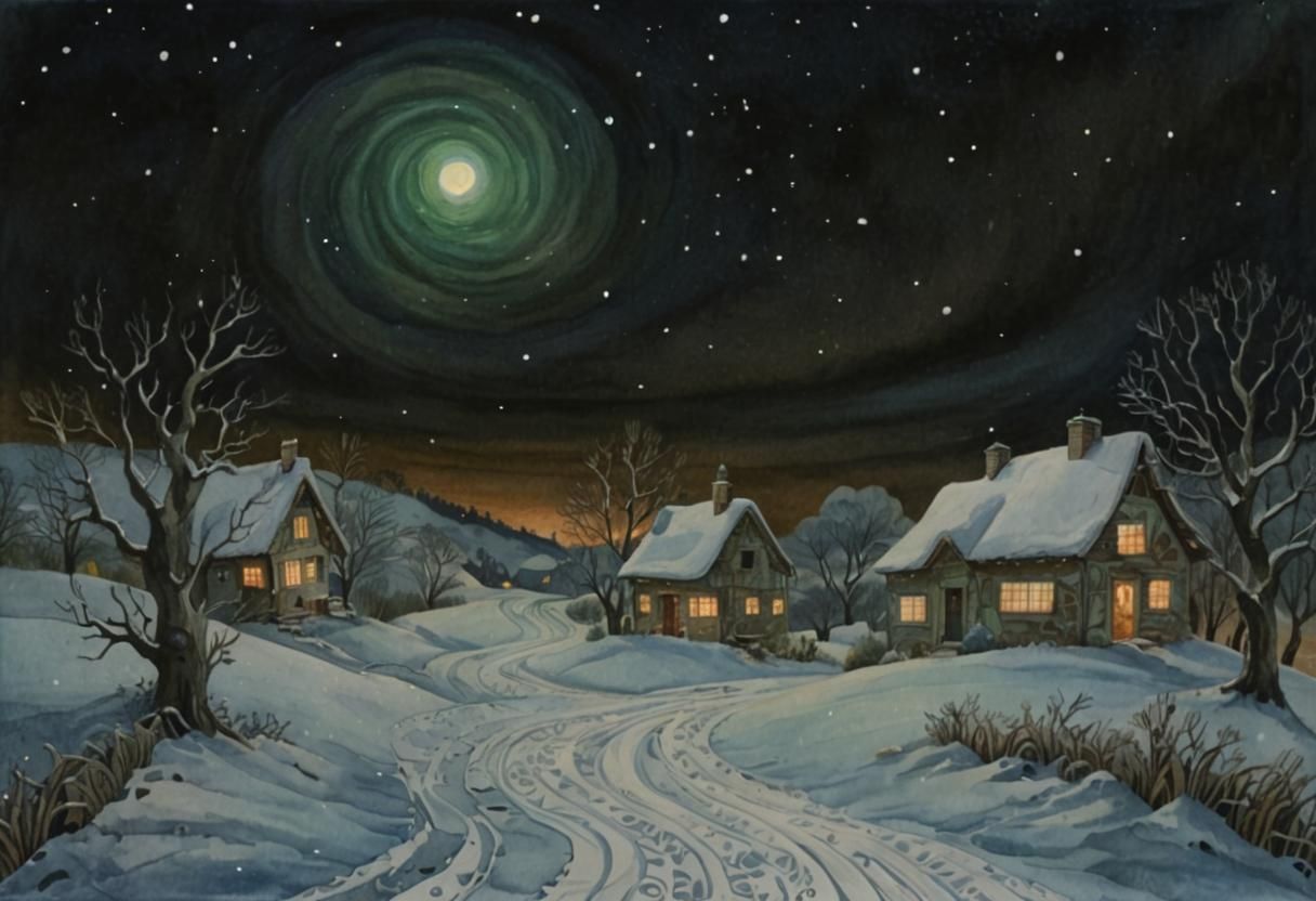 Whimsical Winter Night Landscape in Abstract Expressionism