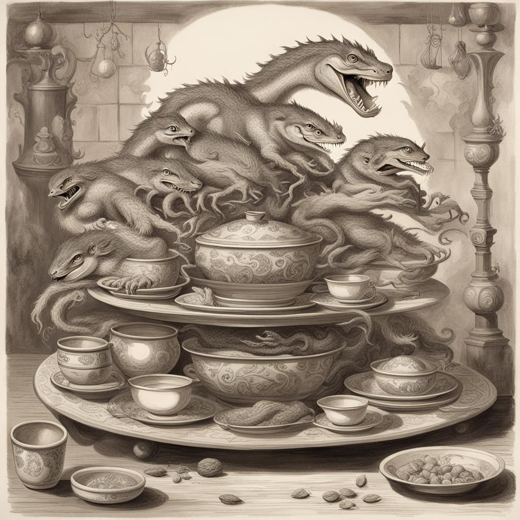 Satirical Drawing of Mythical Hydra Pet at Home