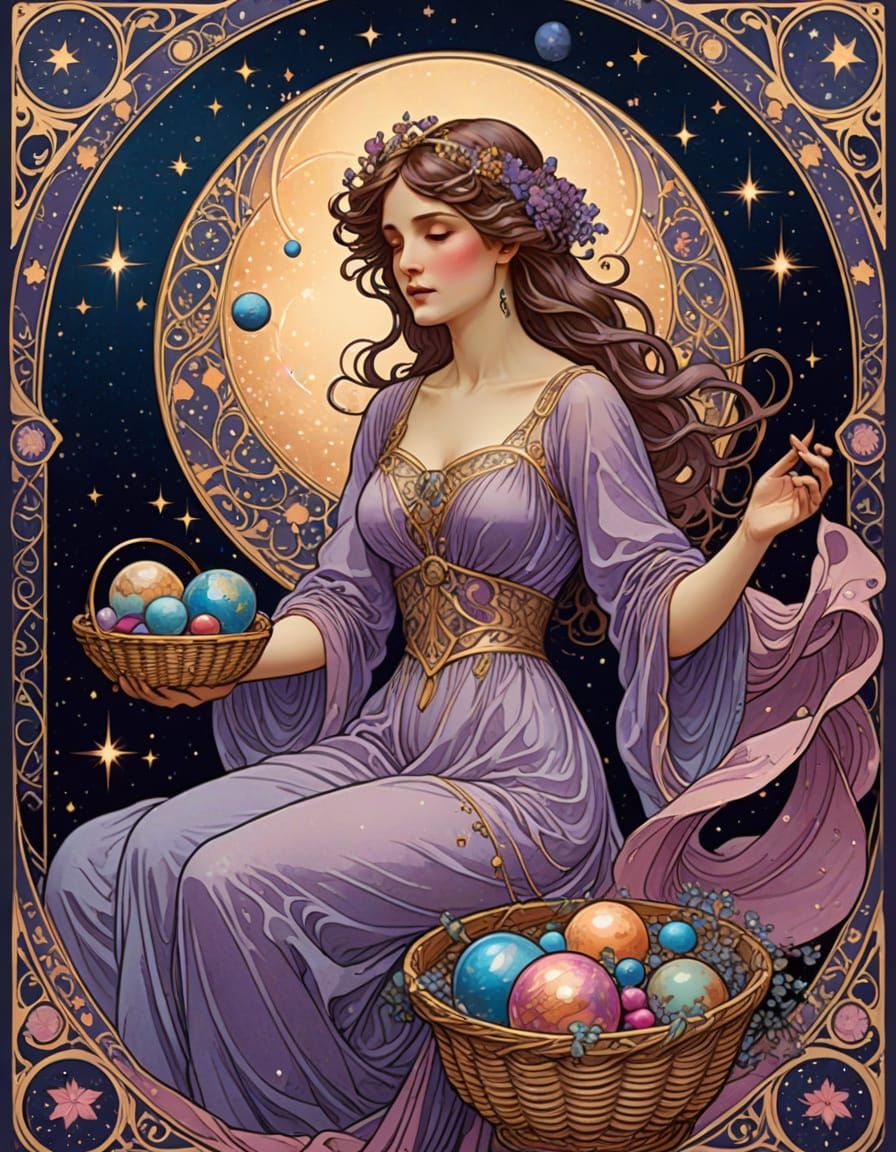 Ethereal Lady Dispenses Celestial Treasures in Art Nouveau S...
