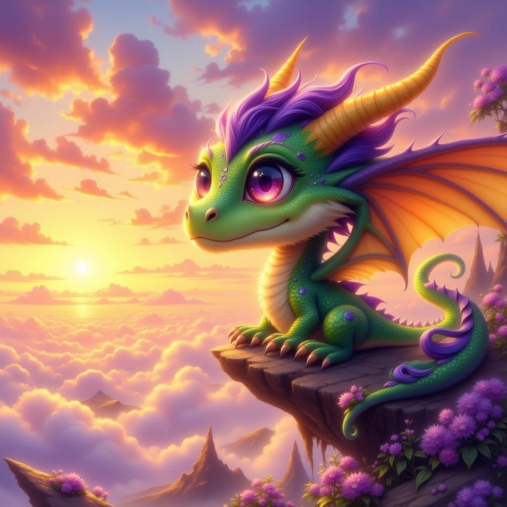 Fluffy Dragon Soars Through Sunset Sky