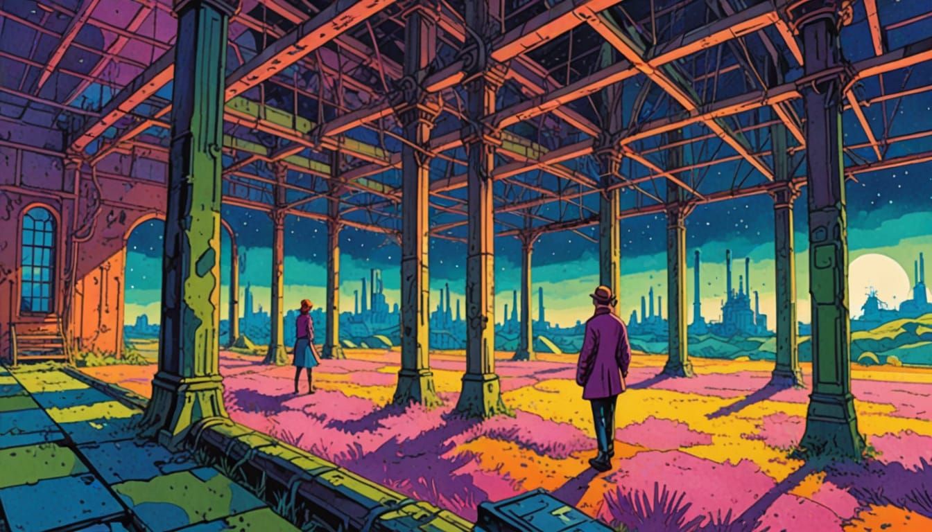 Abandoned Factory Exploration in Comic Book Style