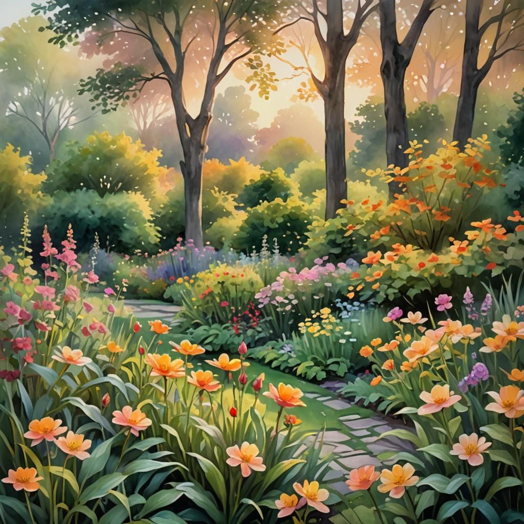 Impressionist Garden at Sunset in Warm Light