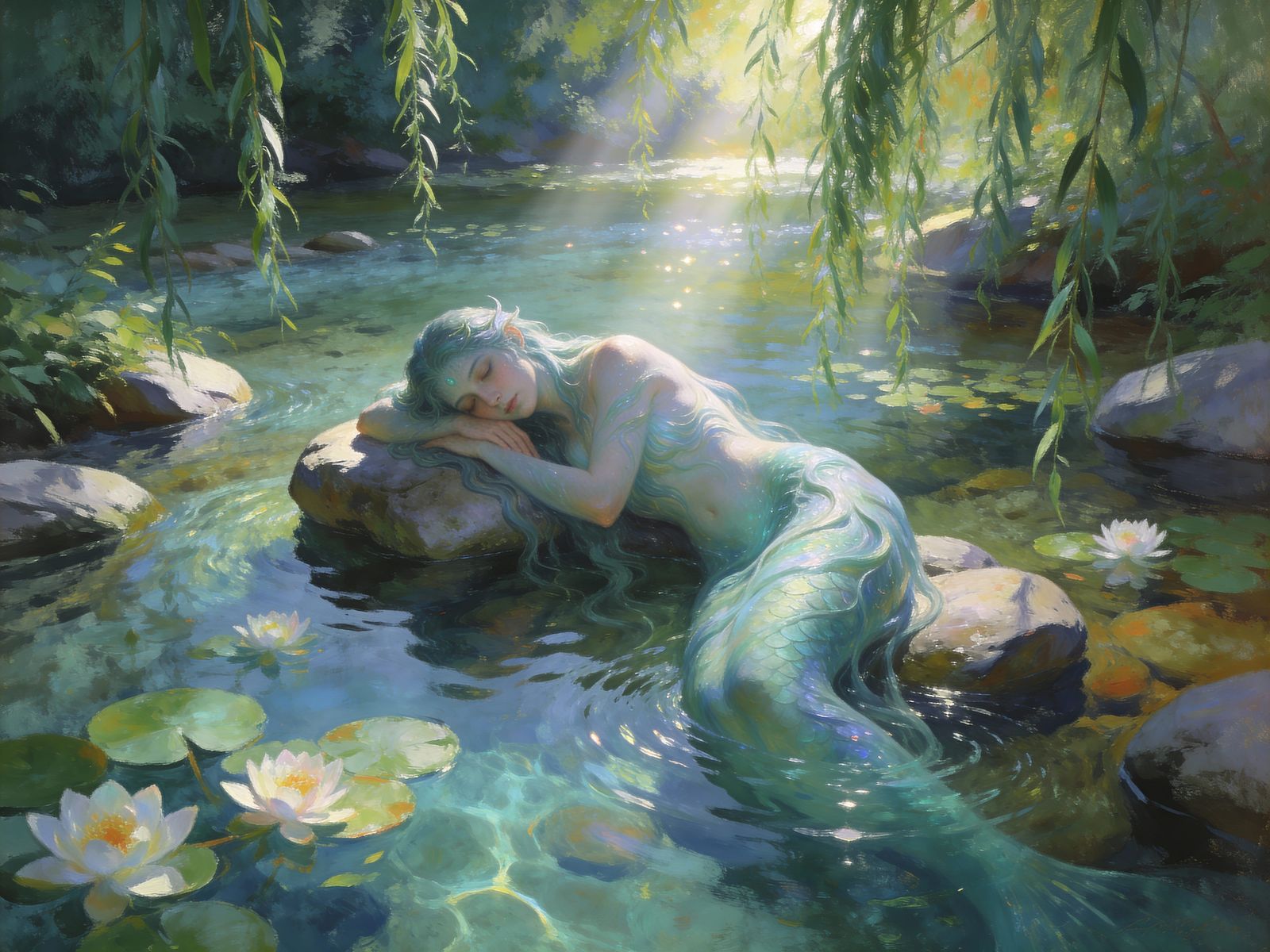 Mystical Rusalka Rests in Ethereal River Landscape